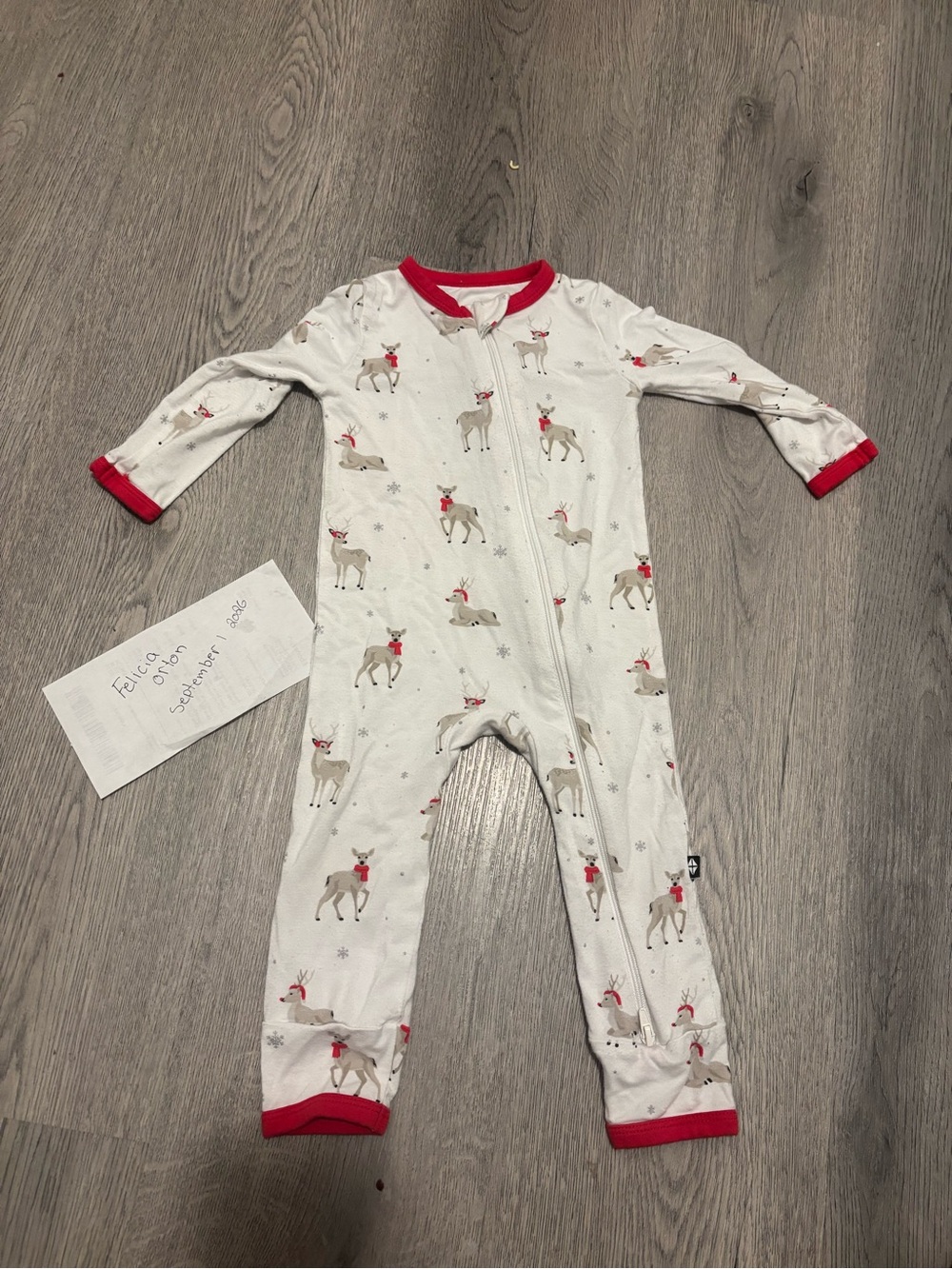 Kyte BABY White Footie with Red Trim and Reindeer Print